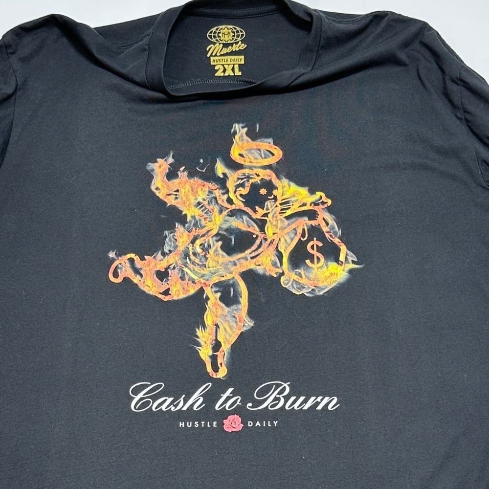 Muerte Hustle Daily Cash to Burn Flaming Cherub Graphic Tee Black Mens 2XL